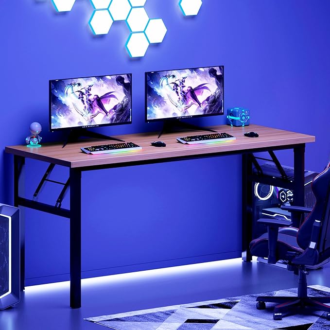 DlandHome Computer Desk 62 inches Office Desk Computer Table Study Writing Desk Workstation for Home Office Metal Frame Teak and Black