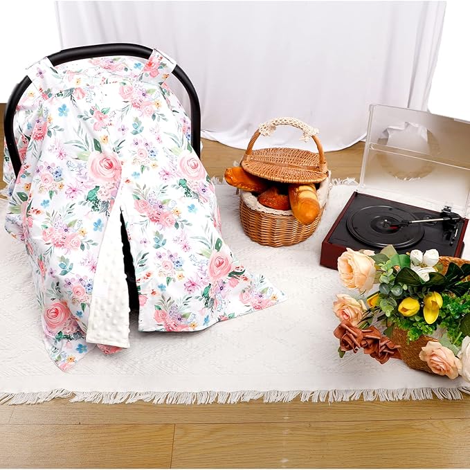 Baby Car Seat Cover, Peekaboo Opening Spring Car Seat Canopy for Baby Girls Boys, Mom Nursing Breastfeeding Covers, Blanket for Infant, Pink Watercolor Flower