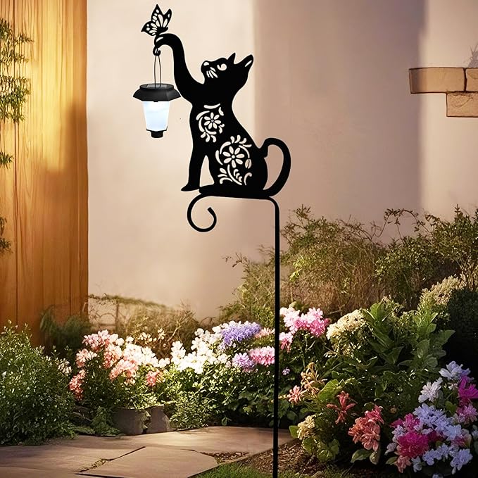 Cat Solar Lights Outdoor Garden Decoration, Cat Garden Statues, Outdoor Metal Decorative Stakes with Solar Lantern for Lawn Yard Pathway Patio Gardening Gifts