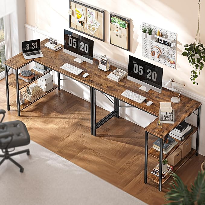 Huuger 47 Inches L Shaped Desk, Computer Desk with Reversible Storage Shelves, for Gaming Corner Home Office Writing Study, Metal Frame, Rustic Brown