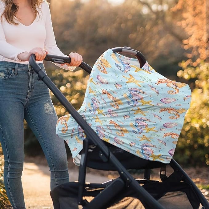 AFPANQZ Hippocampus Nursing Cover Breastfeeding Scarf Baby Car Seat Covers for Boys Girls Infant Carseat Canopy Stretchy Soft Breathable Multi-Use Cover Up for Stroller High Chair