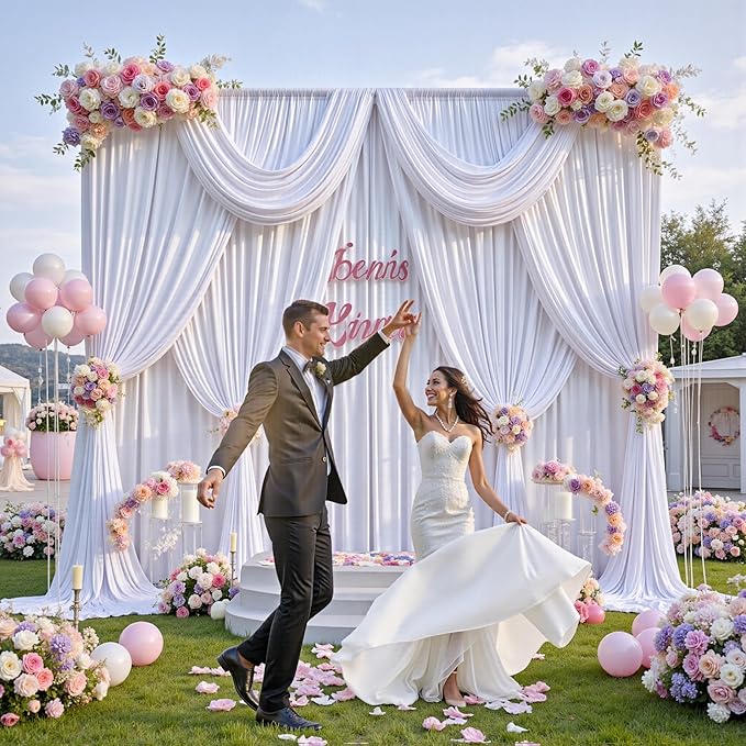 10 ft x 8 ft Wrinkle Free White Backdrop Curtain for Wedding Parties, Polyester Photography Backdrop Drapes for Birthday Parties Stage Backdrop Stand, White Background Curtains 5x8FT 2 Panels
