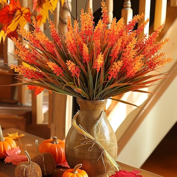Artificial Fall Flowers for Outdoor Plants 24 Bundles Fake Lavender Plastic Faux Monkey Grass for Verandah Window Garden Office Patio Front Porch UV Resistant for Planter(Autumn Orange)