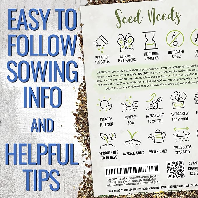 Seed Needs Low Growing Wildflower Flower Seeds for Planting | 5 Packs (1 Ounce Each) Mixture/Blend 17 Varieties | Resealable Package Multicolored Blooms Open Pollinated Mixed Species | Bulk