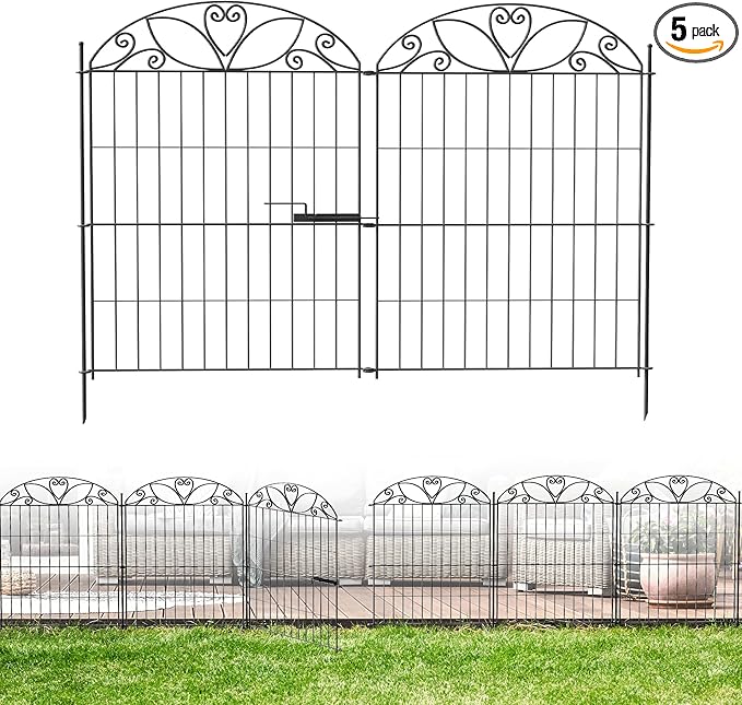 5 Panels No Dig Decorative Outdoor Garden Fence with Gate, 40 in(H) X 11.8 ft(L) Animal Barrier Fencing, Rustproof Portable Fence, Temporary Dog Fence Outdoor for Yard, Outside, Backyard