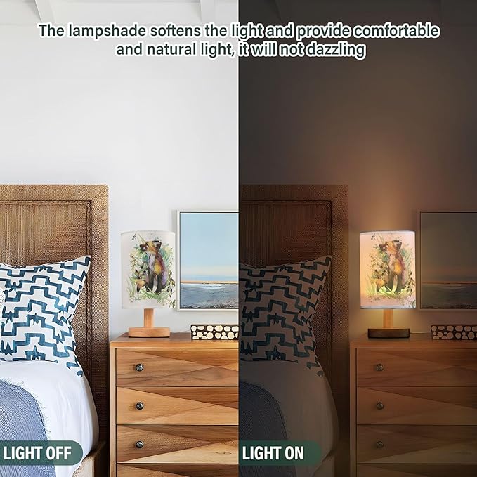 Table Lamp Fox Animal Dragonfly Frog in Floral Grass Woodland Nightstand Lamp with Wood Base Fabric Lamp Shade Bedside Desk Lamp for Living Room Bedroom Kids Room Office