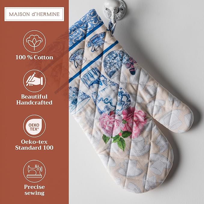 Maison d' Hermine Oven Gloves 100% Cotton Oven Mitt 7" x 13" with Loop Heat Resistant, BBQ, Cooking Gloves, Baking, Grilling, Kitchen, Handling Hot Pans Spring/Summer (Pack of 1, Canton)