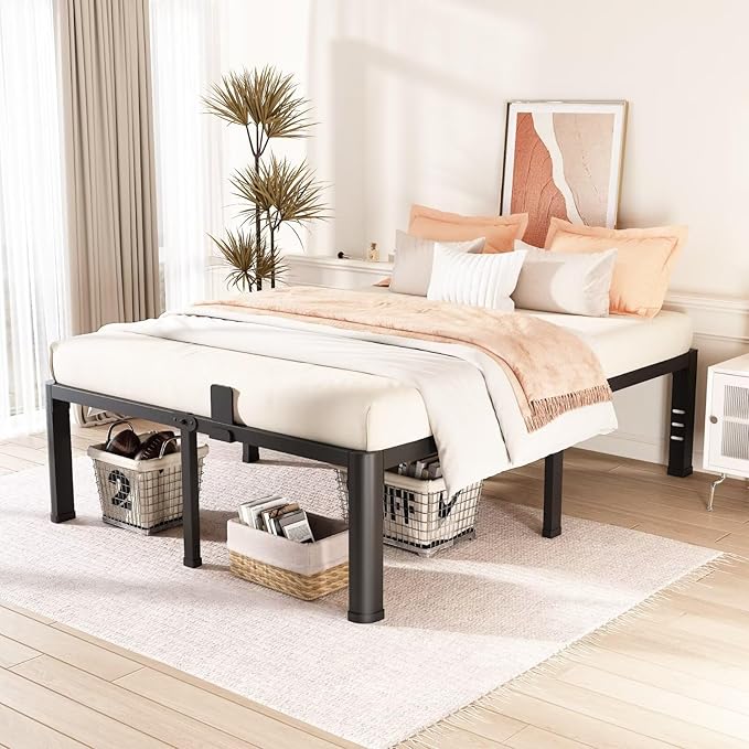 FUIOBYVV 18 Inch Queen Bed Frame with Rounded Corner and Headboard Hole Mattress Retainers 3500 LBS Metal Heavy Duty Steel Slats Support No Box Spring Needed Platform Noise Free Easy Assembly