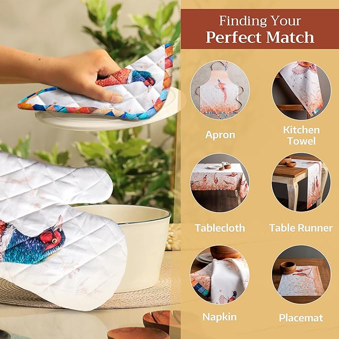 Maison d' Hermine Pot Holders 100% Cotton Heat Resistant Potholders 8" x 8" Hot Pads with Loop for Thanksgiving Christmas Decorations BBQ Cooking Baking Handling Hot Pans (Pack of 1, Faisan D'Automne)