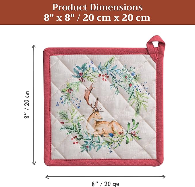 Maison d' Hermine Pot Holders Set 100% Cotton Heat Resistant Potholders 8" x 8" Hot Pads with Loop for Thanksgiving Christmas Decorations BBQ Cooking Baking Handling Hot Pans (Pack of 2, Holly Time)