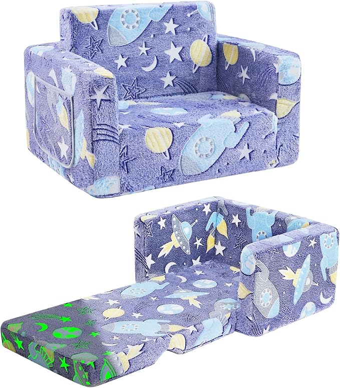 Toddler Chair Comfy,2-in-1 Soft Toddler Couch Fold Out for Kids,Convertible Sofa to Lounger,Gift for Girls and Boys Birthday,Universe