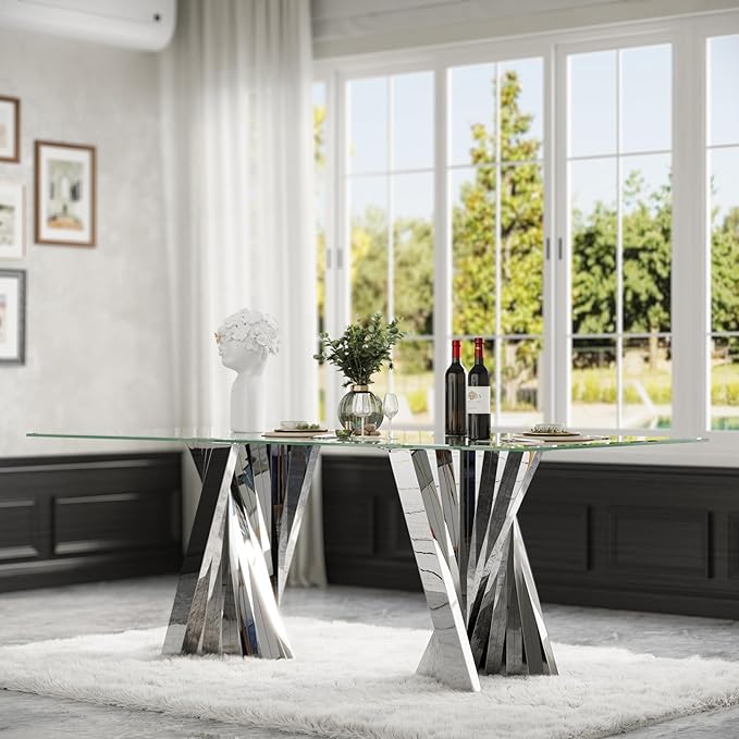 78" Silver Dining Table for 6-8, Modern Kitchen and Dining Table with Tempered Glass Top and Silver Mirrored Stainless Steel Base, Luxury Rectangular Dinner Room Table for Kitchen, Dining Room