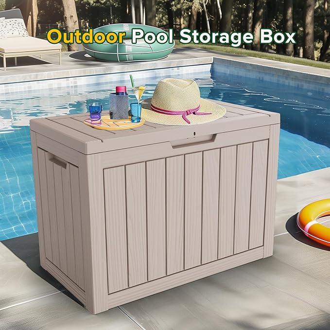 TARKARI 45 Gallon Lockable Resin Deck Box, Waterproof & UV-Resistant Outdoor Storage Box for Outdoor Cushion Storage, Garden Tools & Pool Accessories Storage, Gray