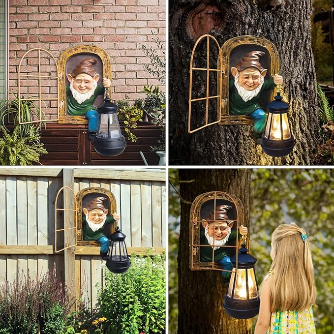 Gnomes Statue with Solar Lights Christmas Decorations Whimsical Fairy Garden-Elf Outdoor Tree Hugger Garden Statues- Tree Face Sculpture, Yard Art for Patio,Fence,Lawn,Wall Gnomes Ornament
