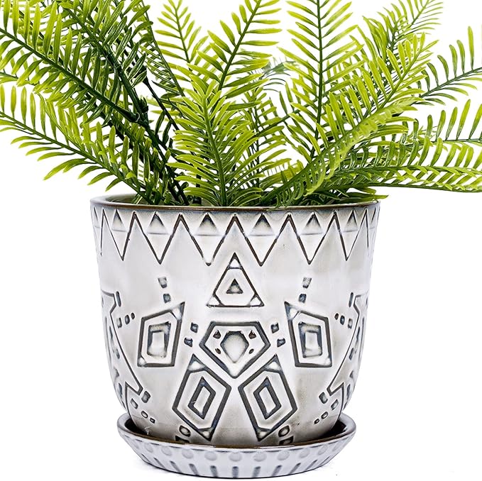VanEnjoy 5.9 inch Round Bohemian Style Ceramic Planter, Geometry Engrave Off White Brown Succulent Planter Flower Pot, Indoor Outdoor Decorative Planter