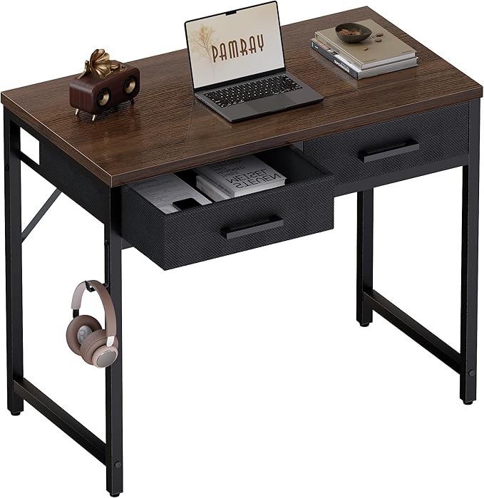 Pamray 32 Inch Small Computer Desk with 2 Drawers for Bedroom Study Writing Home Office Table for Small Spaces Brown