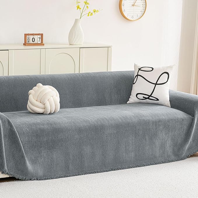 hyha Couch Cover for Dogs, Boho Sofa Covers for 3 Cushion Couch Washable, Chenille Sofa Slipcover for Pets, Soft Loveseat Sectional Couch Throw Blankets with Tassels (Grey, 71x118 Inch)