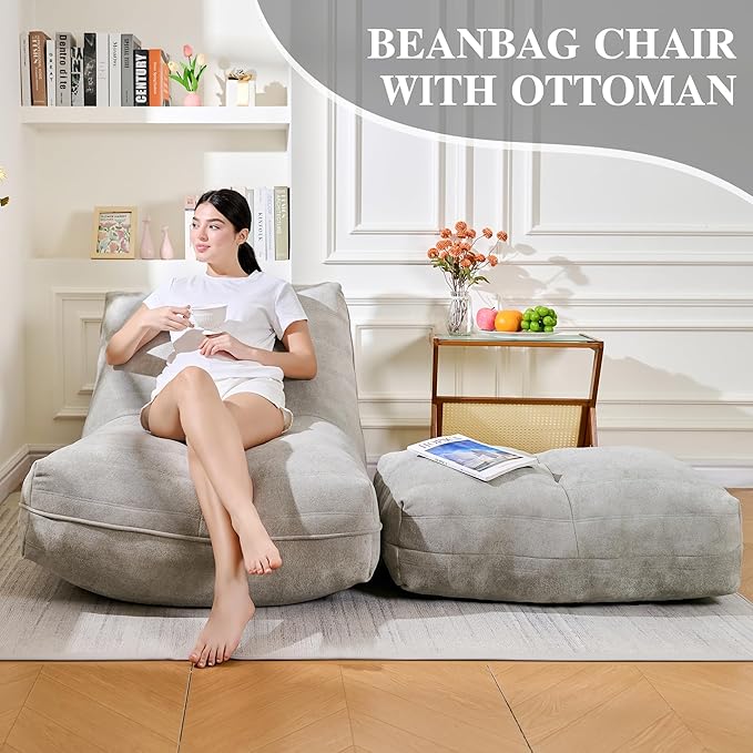 Bean Bag Chair with Ottoman, Comfy Bean Bag Sofa with Memory Foam, Lazy BeanBag Sofa with Footstool, Fireside Bean Bag Couch for Living Room, Bedroom, Apartment (Gray)