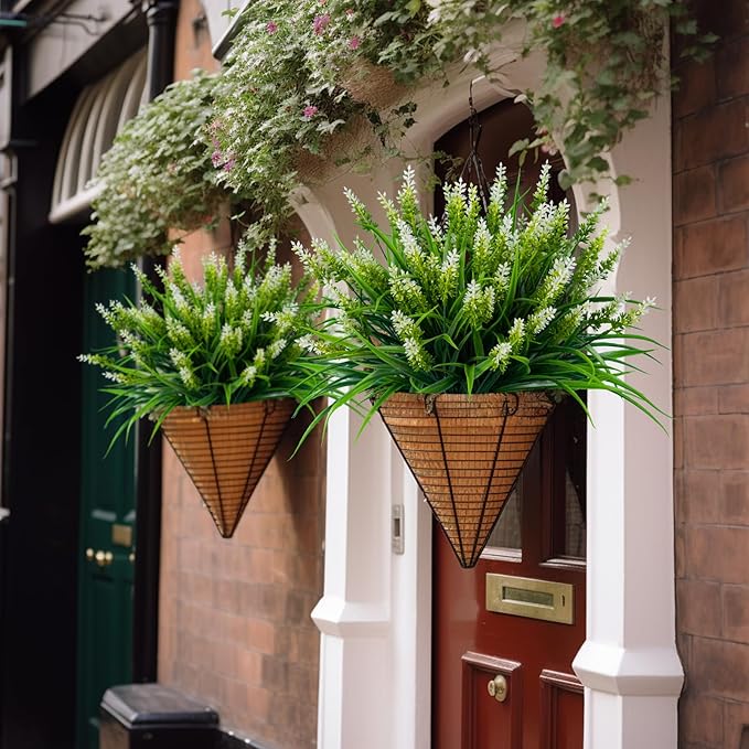 Artificial Flowers for Outdoor Plants 24 Bundles Fake Lavender Plastic Faux Monkey Grass for Verandah Window Garden Office Patio Front Porch UV Resistant for Planter(White)