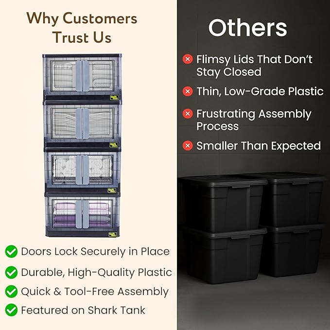 Quik Box - 8.5 Gallon 3-Pack Stackable Storage Bins with Doors & Wheels - Collapsible Organizer for Dorms, Bedroom & Home - Durable Polystyrene - Black