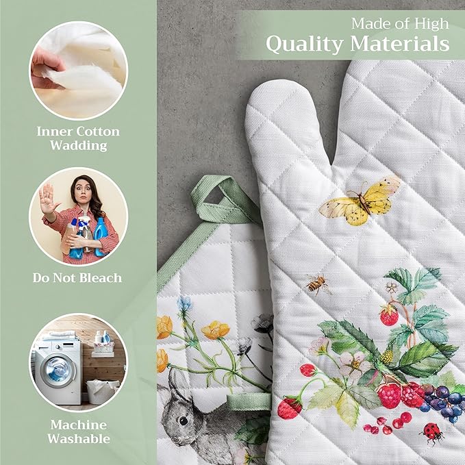 Maison d' Hermine 100% Cotton Oven Mitt & Pot Holder Set (7.5"x13" & 8"x8") Heat Resistant BBQ Cooking Gloves with Loop, Baking, Grilling, Kitchen, Handling Hot Pans Spring/Summer (Printemps)