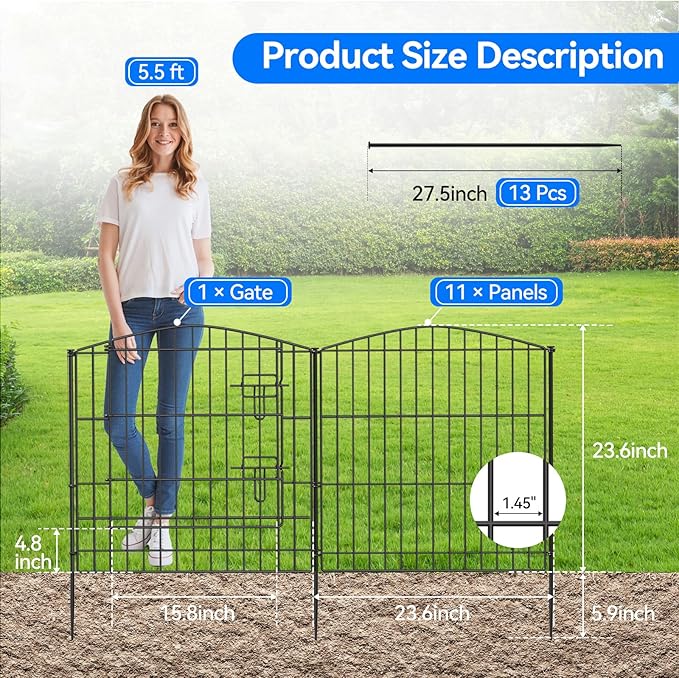 INJOPEXI Garden Fence 12 Panels 23.6ft (L)×24in (H) Decorative Garden Fences with 11 Fence Panels + 1 Gate Rustproof Wire No Dig Garden Fence Animal Barrier Fencing for Outdoor Backyard Patio - Black