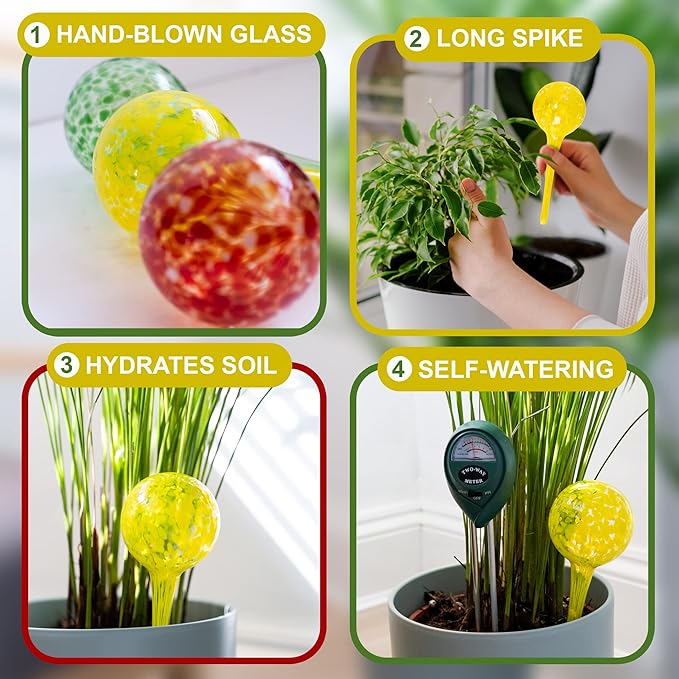 6 Small Plant Watering Globes - Plant Watering Devices - Plant Watering Bulbs - Self Watering Spikes - Hand Blown Glass - Self Watering Planter Insert - Free Moisture Meter - by Cotswold Homeware