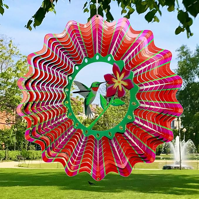 Goolyrusim Ruby-Throated Bird Wind Spinner, Hummingbird Wind Spinner for Yard and Garden, Hanging Wind Sculptures 3D Wind Catcher, Kinetic Metal Art Decorations Indoor/Outdoor Décor Ornament Gifts