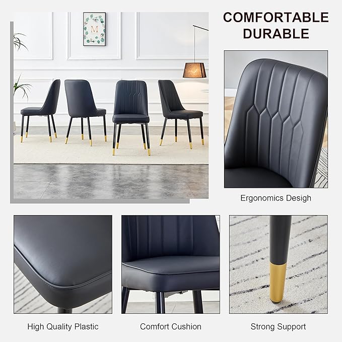 Modern Dining Table Set for 6, Marble Kitchen Table Chair Set for 6, Rectangular Kitchen Table with 6 Pu Leather Upholstered Chair for Dining Room (Black Table with 6 Black Chairs)