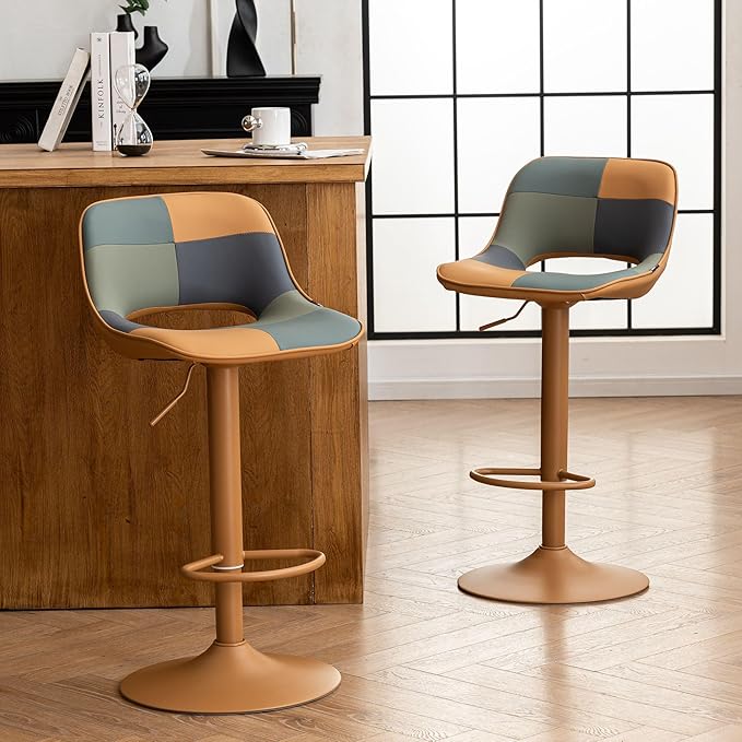 YOUNIKE Bar Stools Set of 2, Boho Colorful Patchwork Barstools, Adjustable Swivel Counter Height Bar Stool Faux Leather Upholstered Barstool with Back, Compact Bar Chair for Kitchen Island, TanGreen