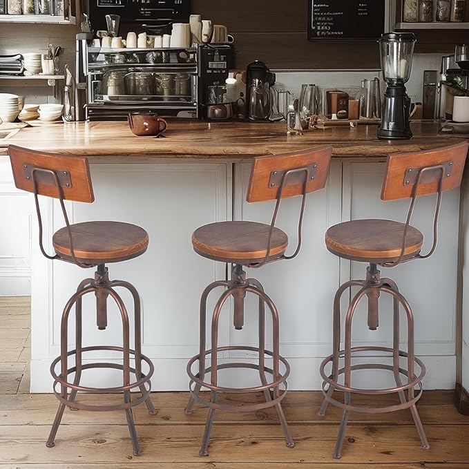 Set of 2-Industrial Bar Stools-Swivel Wooden Seat-Bar Counter Height Adjustable 26-32.2inch-Kitchen Dining Chairs