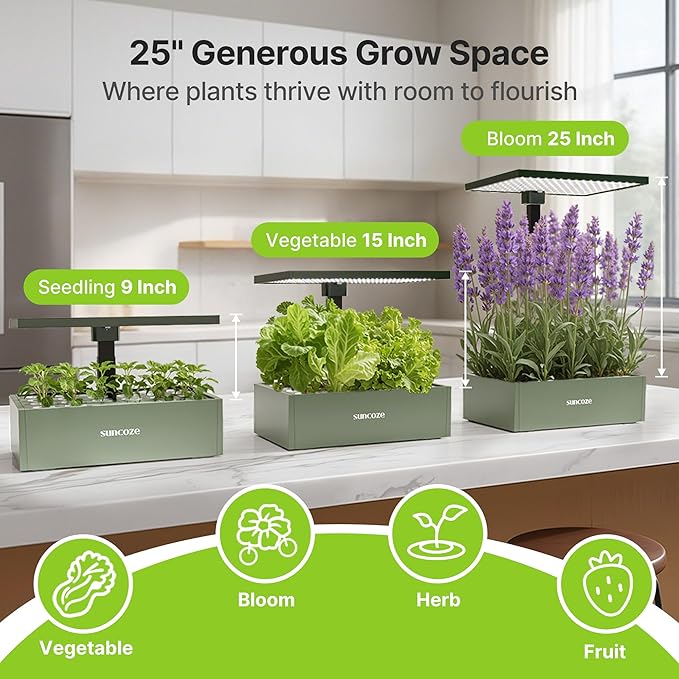 SUNCOZE Hydroponics Growing System Kit, 20 Pods Indoor Herb Garden with 10L Water Tank & Adjustable Height 25", 30W LED Grow Light, LCD Display with Veg/Flower Modes, Pump & Low Water Reminder, Green