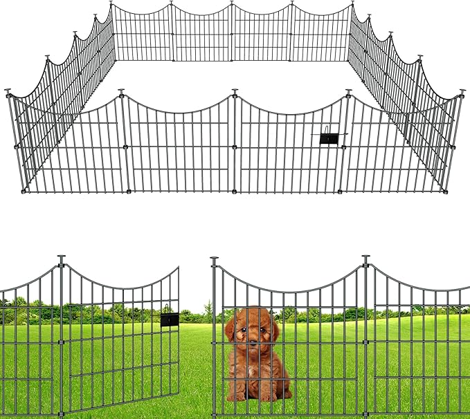 10 Panels Garden Fence Dog Fence Outdoor for Yard, 24in H x 20ft L Rustproof Metal Fencing with Ground Stakes | No Dig Animal Proof Containment for Pets/Rabbits | Durable Patio Security Panels