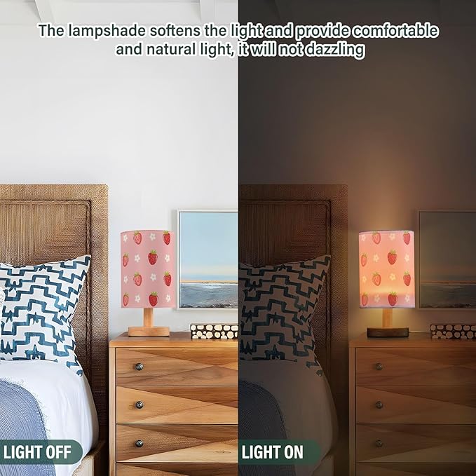 Bedside Table Lamp Cute Strawberry Florals Nightstand Lamp with Wood Fruits Flowers Pink Desk Lamps for Bedroom Living Room Nursery Office Home Decor