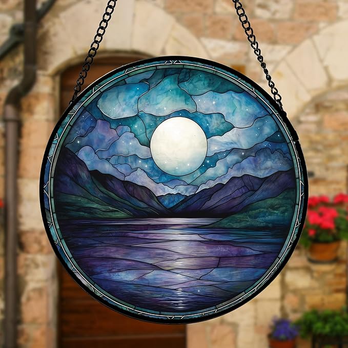 Stained Glass Window Hanging, Blue Night Moon Lake Sun Catchers Colorful Glass Panel Landscape Suncatcher Decor for Birthday for Women, Men, Wife, Aunt, and Mom 9.8 in