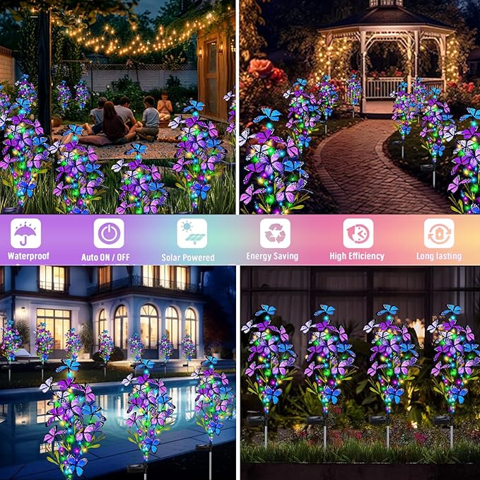 Solar Garden Lights Outdoor, Waterproof 4 Pack Solar Butterfly Lights with 60 LED 12 Butterfly Colorful Lighting for Garden Yard Lawn Outdoor Decor, Gift for Mom Women Mother's Day