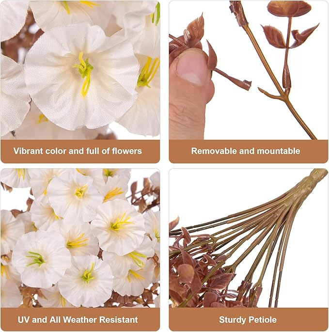 Fake Mums Artificial Fall Hanging Flowers for Outdoors Decoration, 2 PCS Faux Silk Morning Glory with Bown Eucalyptus UV Resistant Plants for Wall Home Porch Patio Balcony Yard Indoor Decor (White)