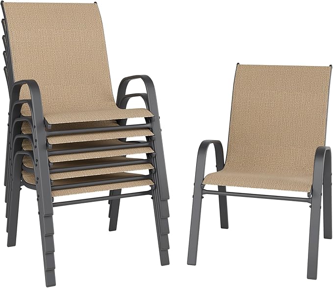 Patio Chairs Set of 6, Outdoor Dining Chairs Stackable for All Weather, Breathable Metal Modern Outside Furniture Chair for Pool Side, Garden, Backyard Deck, Brown