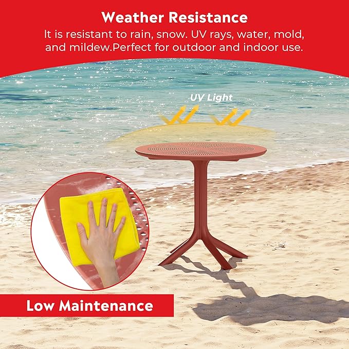 Costaelm Small Patio Table, Outdoor Round Dining Table, Weather Resistant Outside Table for Poolside Deck Lawn Garden Backyard, Red