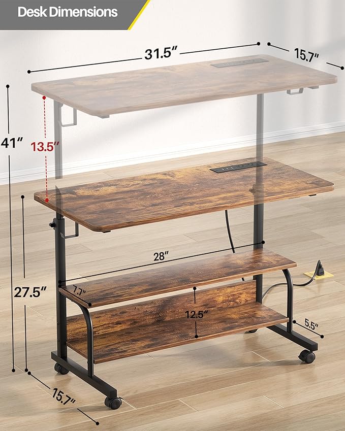 Height Adjustable Standing Desk with Power Outlets, 32" Manual Stand Up Desk with Storage Shelves Small Mobile Rolling Computer Desk Portable Laptop Table with Wheels for Home Office, Rustic