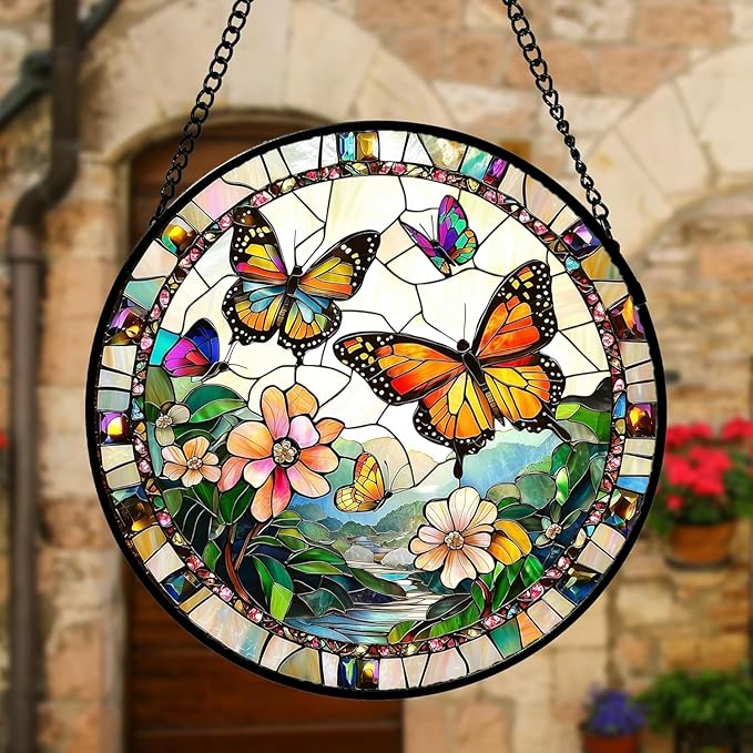 Stained Glass Window Hanging, Butterflies Flying in The Sky Suncatcher for Doors Home Sun Catchers Decoration and Christmas, Mother's Day Birthday Gifts for Women, Men, and Mom 14.9x14.9 in