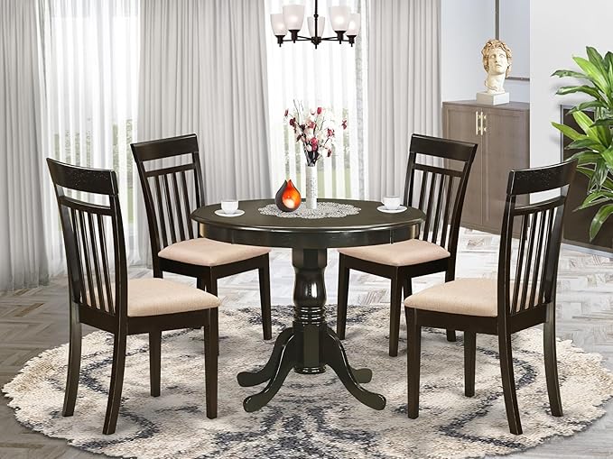 East West Furniture ANCA5-CAP-C 5 Piece Kitchen Table Set for 4 Includes a Round Dining Room Table with Pedestal and 4 Linen Fabric Upholstered Dining Chairs, 36x36 Inch, Cappuccino