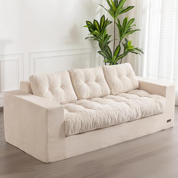 MAXYOYO 3 Seater Couch for Living Room, Boneless Couch with Tufted Cushion & Backrest, Upholstered Floor Sofa with Armrests, Sofa in A Box, No Assembly Required, Beige