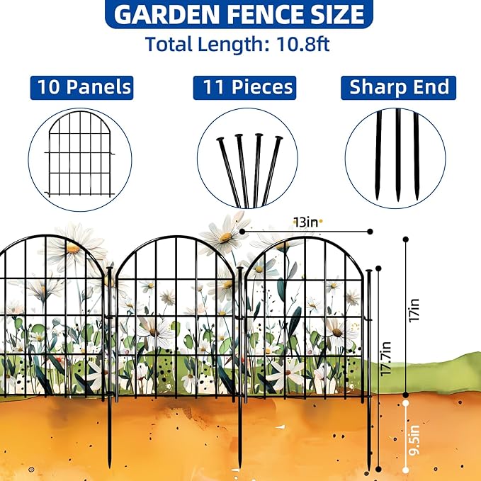 Decorative Garden Fence, 17in X 10.8ft No Dig Fence Panels, Arched Rustproof Metal Garden Fencing Animal Barrier, Flower Bed Edging Border with Ground Stake for Dog, Rabbit, Outdoor Yard Patio Decor