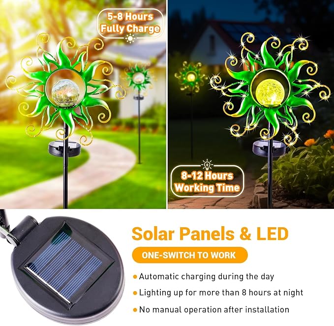 Solar Garden Lights Outdoor, Green Metal Sun Stake with 30 LED Waterproof Vine String Crackle Glass Spring Decor for Patio,Yardr,Lawn Gardening Birthday Gifts