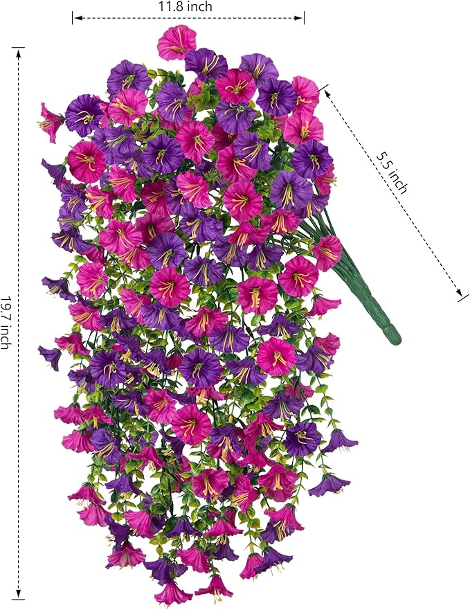 2 PCS Artificial Faux Hanging Flowers Plants for Outdoor Decor,Fake Silk Morning Glory with Eucalyptus UV Resistant Realistic Vines for Wall Home Porch Patio Balcony Yard Decor, Purple and Fuchsia
