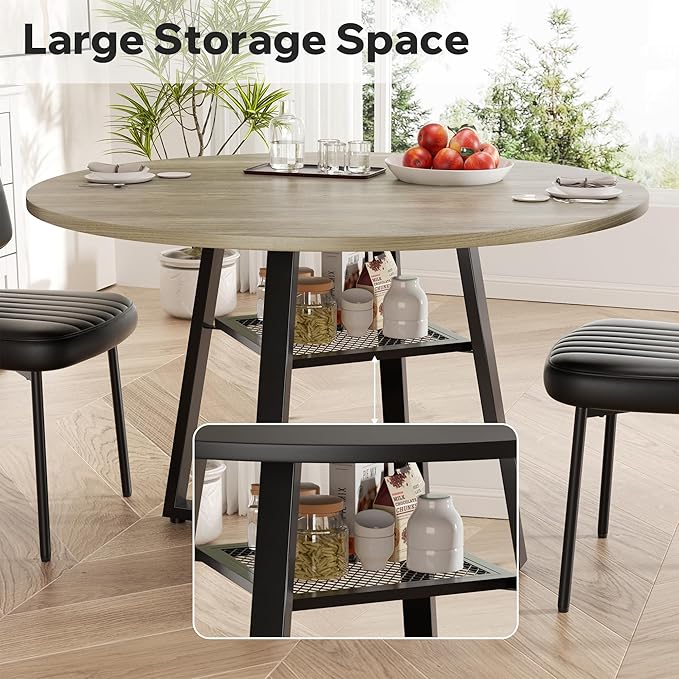 Round Dining Table for 2-4 People,42 Inch Dining Room Table,Modern Circle Kitchen Table with Storage Shelf and Metal Legs for Dining Room,Kitchen,Grey (Table Only)