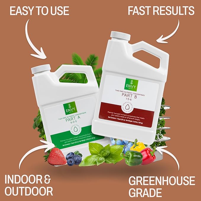 ENVY Hydroponic Plant Food A & B – Two-Part Liquid Nutrient for Indoor/Outdoor Plants – Supports All Growth Stages – Soil, Coco, Hydroponics, DWC – Quart Set