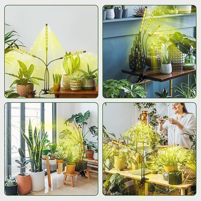 LED Grow Light, 3 Heads Full Spectrum Plant Light with Clamp for Indoor Plants & Seed Starting, 10-Level Dimmable, Auto On Off, Timing 4 9 12Hrs