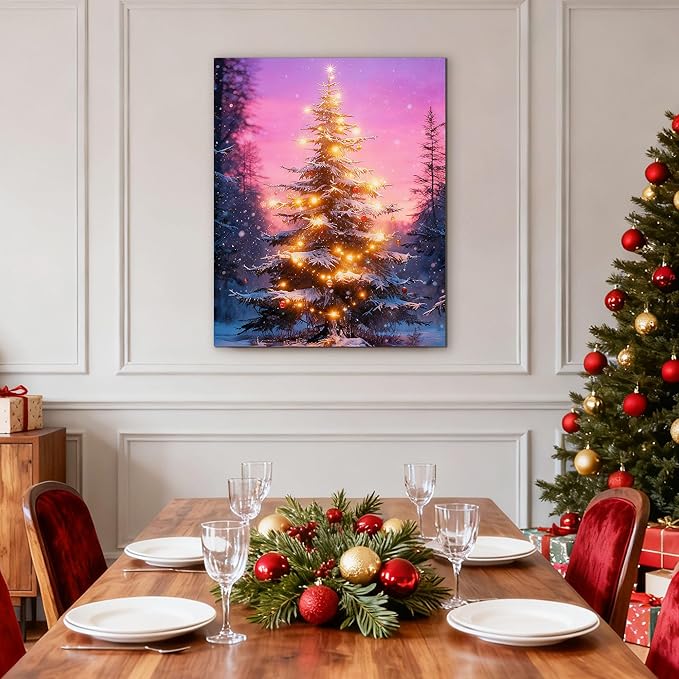 Framed Christmas Pictures Wall Decor,Vintage Pine Tree Prints,Winter Christmas Canvas Wall Art Decoration for Bedroom Bathroom Living Room Rustic Xmas Holiday Gifts (Christmas Tree 18, 11'' X 14'')